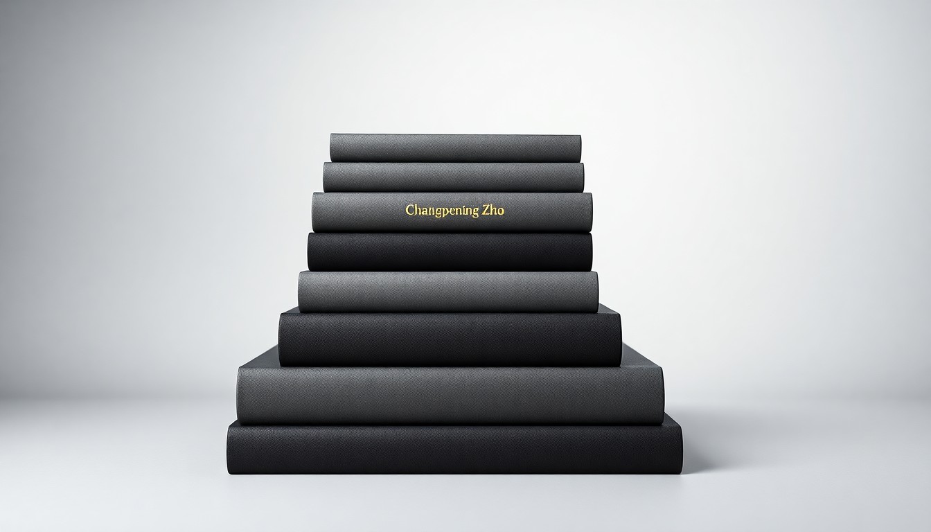 A minimalist, photorealistic studio still life featuring a stack of hardcover books in shades of gray and black, with a single gold-embossed title on the spine, symbolizing the weight and significance of Changpeng Zhao's memoir about Binance's history.