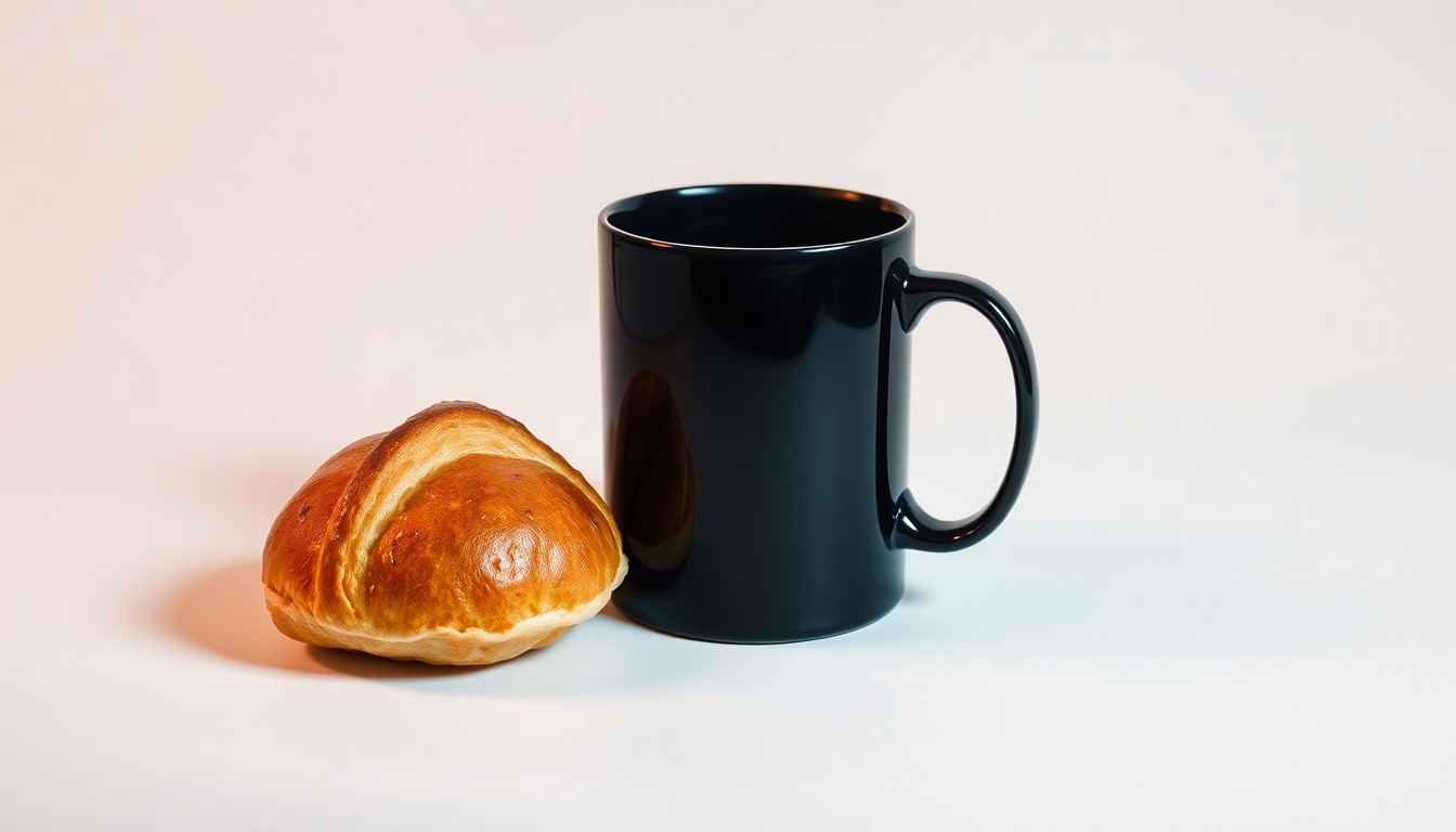 A photorealistic studio still-life photograph featuring a sleek, modern coffee mug and a fresh pastry on a clean, monochromatic background, conceptually representing the premium quality and experience of a new coffee shop.