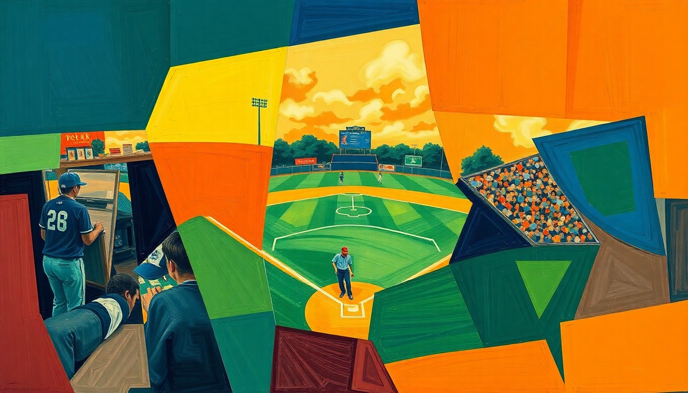 A cubist, geometric painting depicting a high school baseball game, with overlapping planes of navy, green, and orange colors representing the dynamic action on the field.