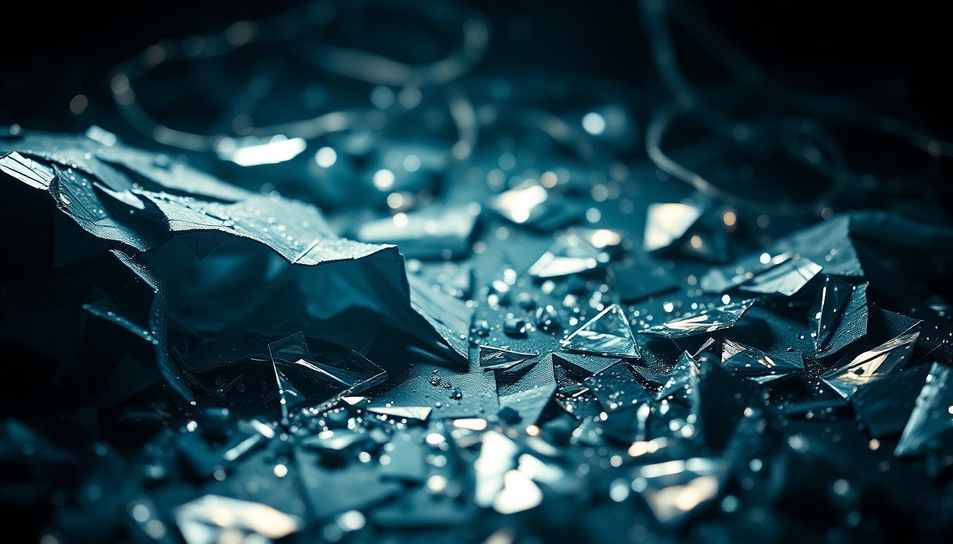 An extreme close-up of shattered glass reflecting a dim, moody light, conceptually representing the dark and unsettling themes of dystopian literature.