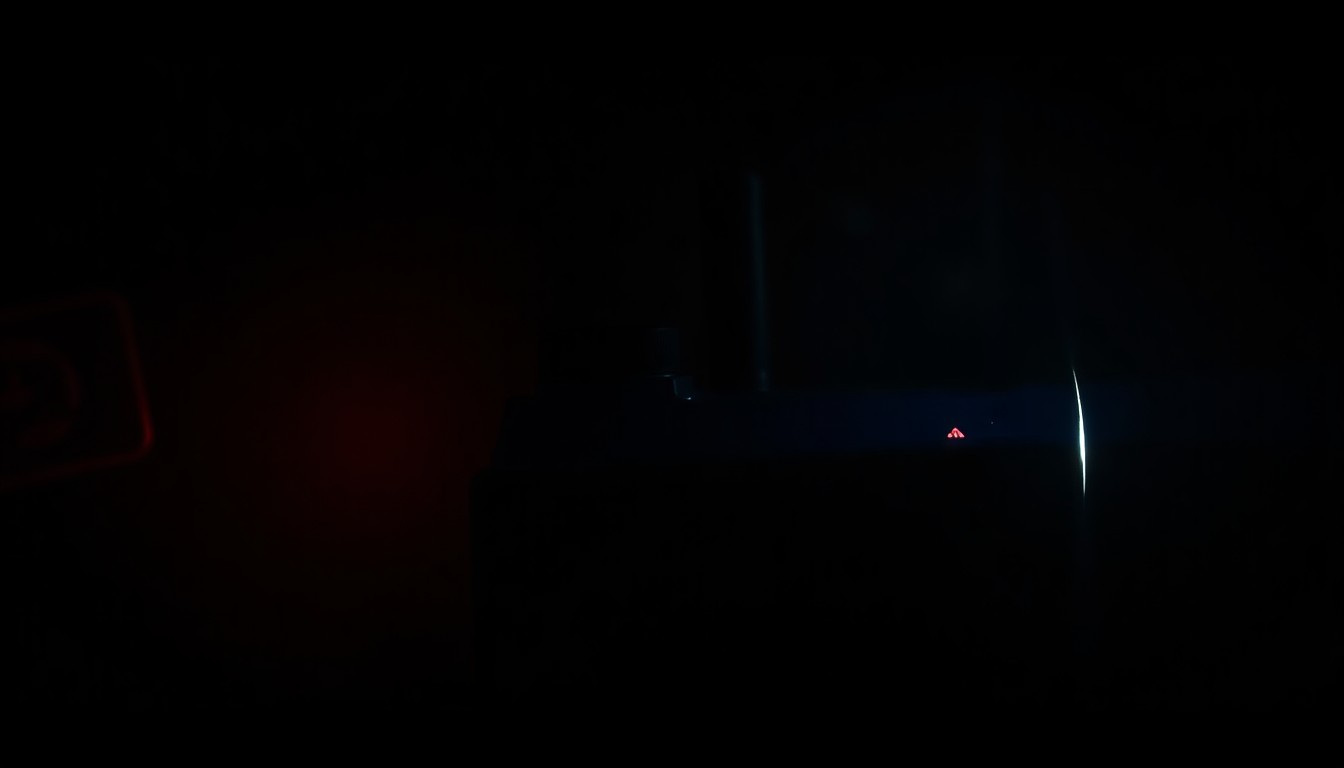 An extreme close-up photograph of a police radio or other law enforcement equipment lit by a harsh, direct camera flash against a pitch-black background, creating a stark, gritty, investigative aesthetic.