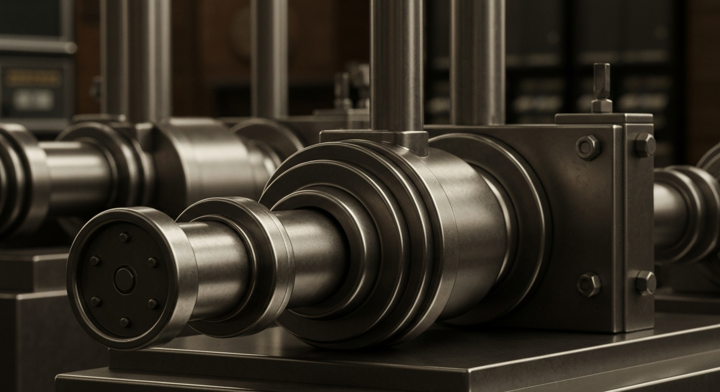 An extreme close-up of gleaming, industrial banking equipment and machinery, conveying a sense of financial power and institutional security without using literal currency or charts.