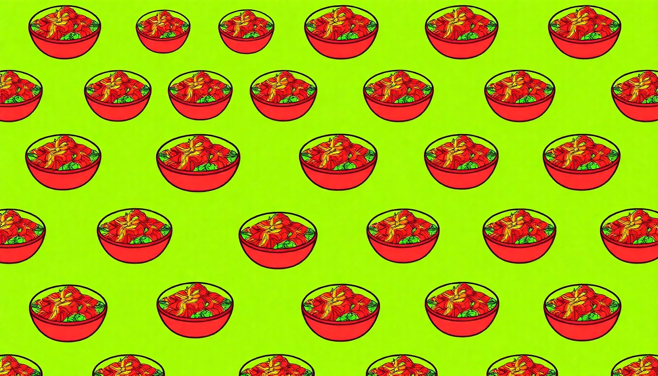 A high-contrast, silkscreen-style illustration featuring a repeating grid of a single BBQ chicken salad bowl in vibrant neon colors, conceptually representing the refreshed menu item's bold flavors and grilled flair.