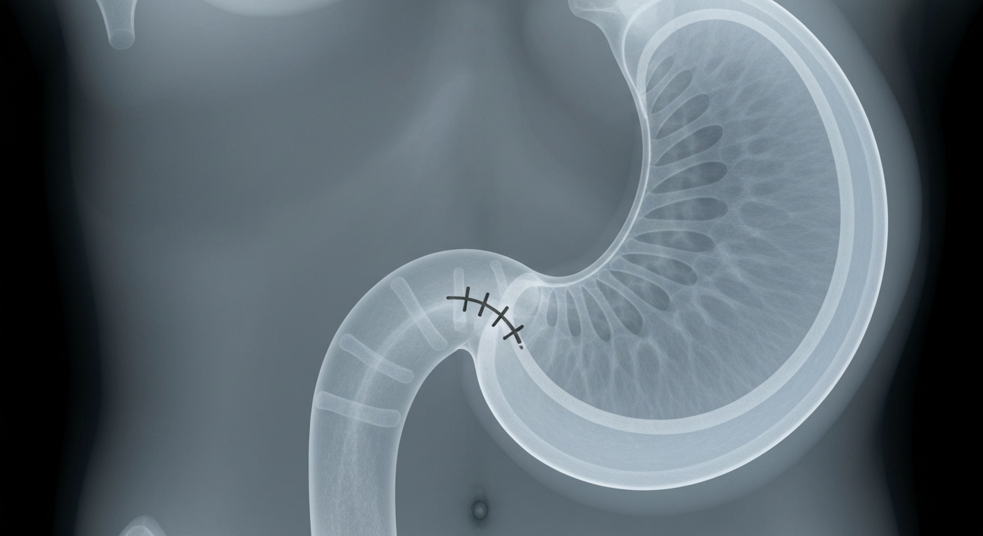 A translucent X-ray image showing the internal structure of a human stomach with a portion of it sewn closed, conceptually representing the endoscopic sleeve gastroplasty procedure used to help the patient lose weight.