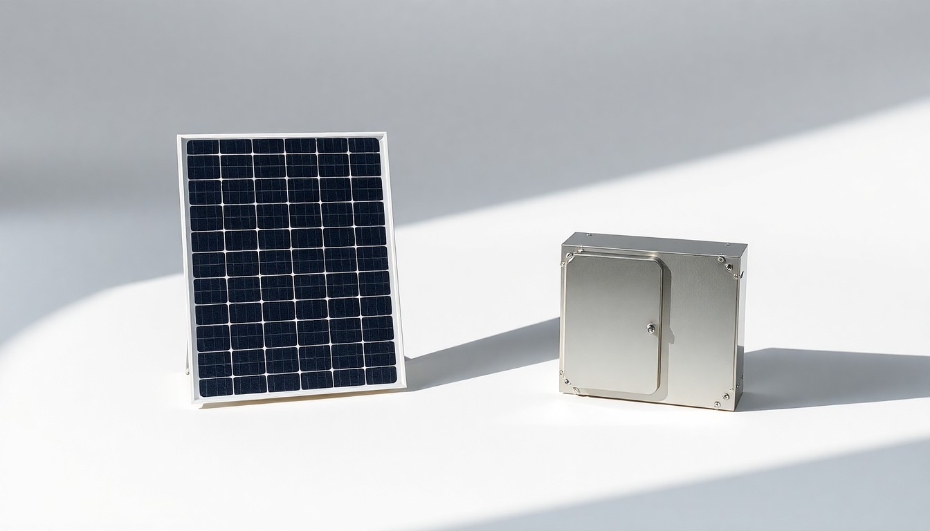 A photorealistic studio still life featuring a polished, geometric solar panel module and a sleek, metallic electrical junction box, conceptually representing the renewable energy infrastructure powering a public facility.
