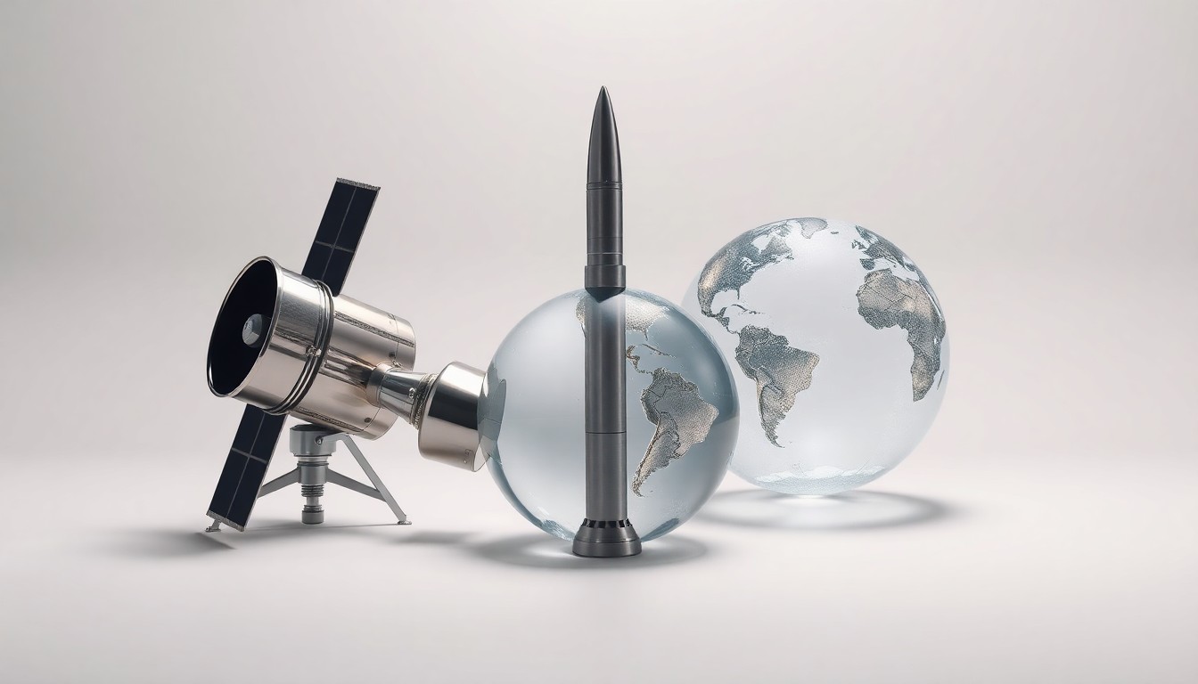 A photorealistic studio still life featuring polished metal satellite components, a sleek rocket engine part, and a transparent glass sphere representing the Earth, arranged elegantly on a clean, monochromatic background to symbolize the abstract concepts of international space cooperation and technological innovation.