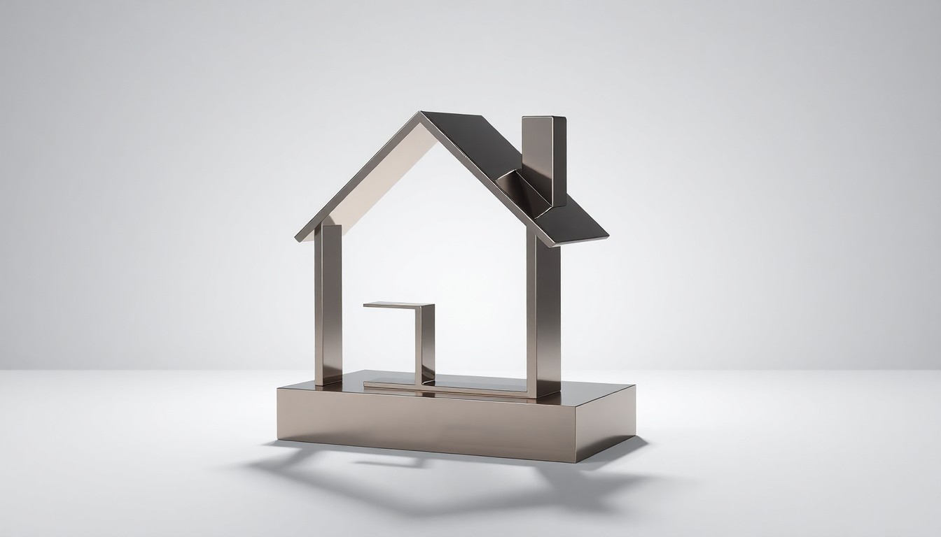 A highly reflective, geometric metal sculpture in the shape of a house, resting on a clean, minimalist background and dramatically lit to convey a sense of sophistication and leadership in the home improvement industry.