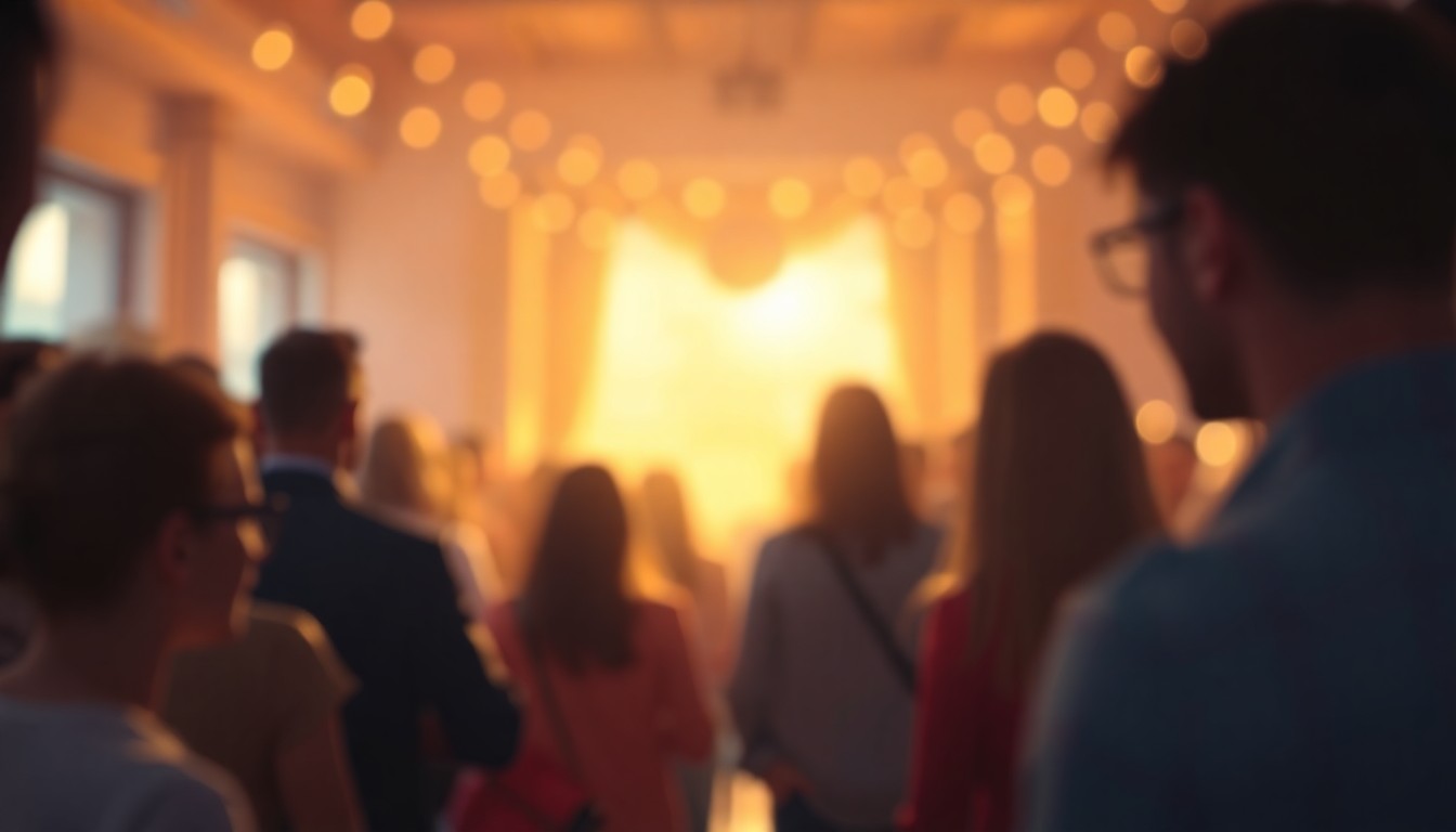 A softly blurred, out-of-focus scene of people gathered in a warm, inviting space, with pools of light and color evoking a sense of community and emotional connection around the topic of grief support.
