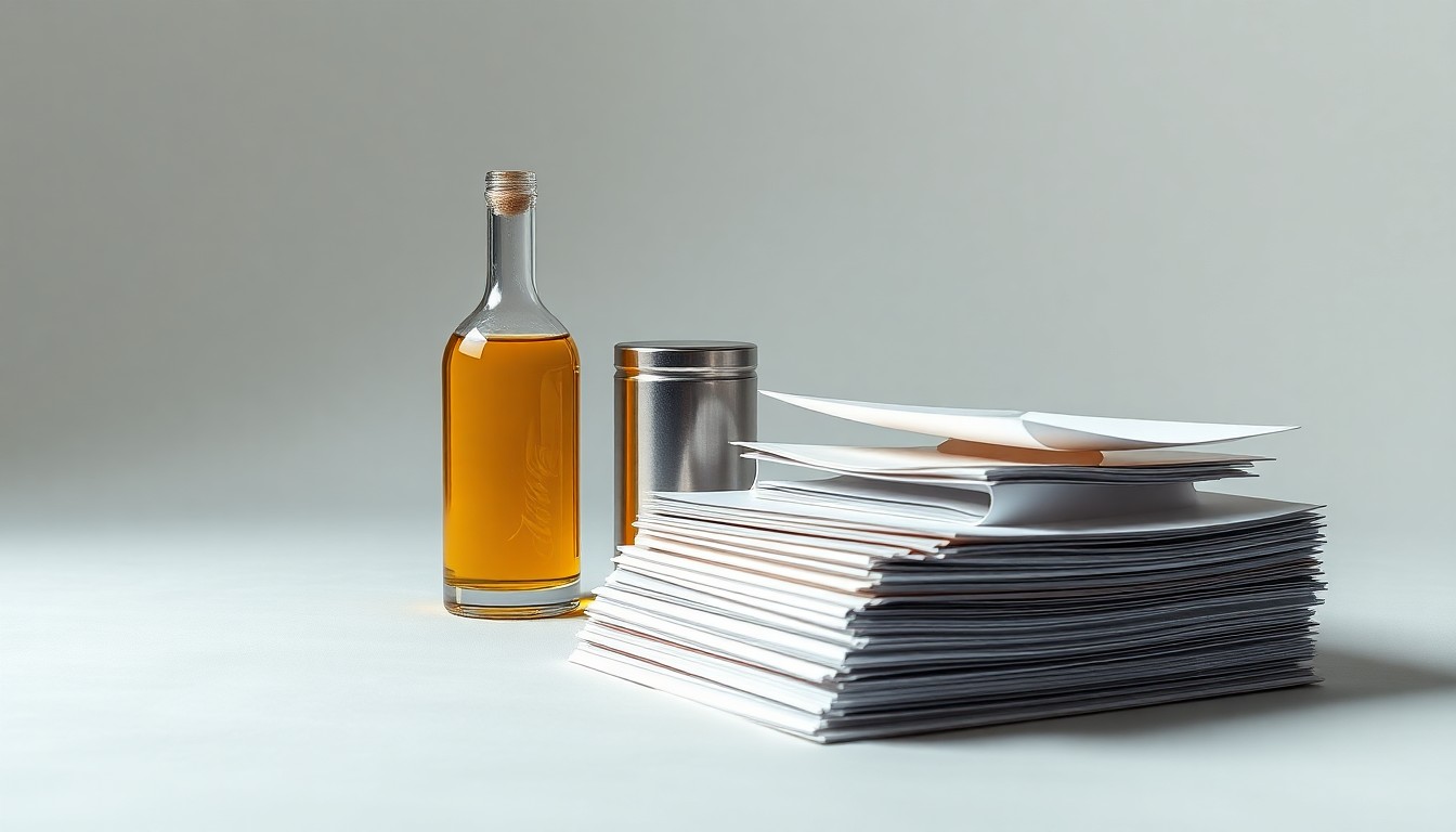 A high-end, photorealistic studio still-life photograph featuring a polished glass bottle, a sleek metal canister, and a stack of premium-looking paperwork, all arranged elegantly on a clean, monochromatic background, conceptually representing Tilray Brands' corporate strategy and global expansion.