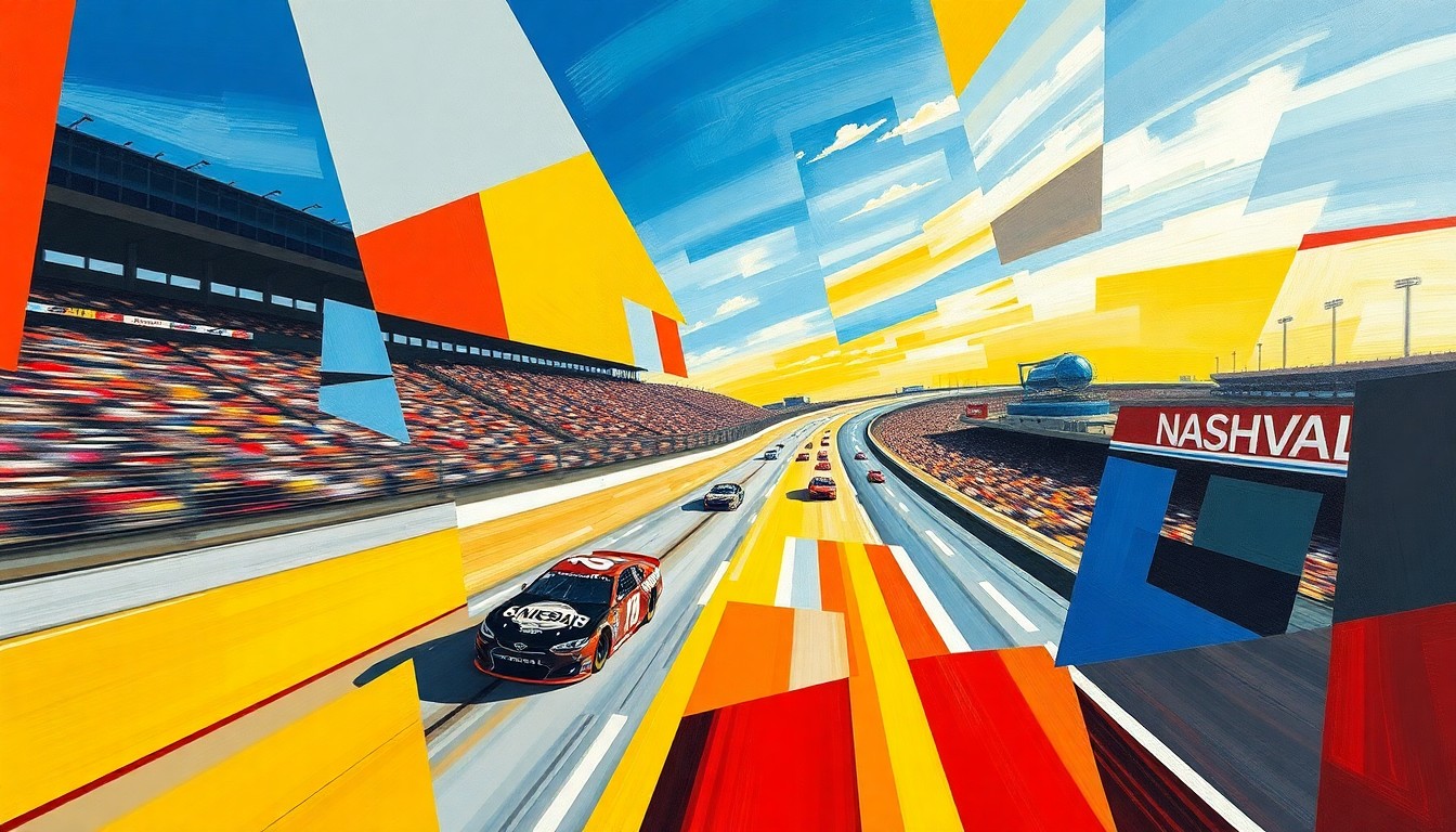 A fractured, multi-perspective painting in bold, vibrant colors depicting the high-speed action and energy of a NASCAR race at the Nashville Superspeedway, with the track and cars broken down into sharp, overlapping geometric planes.
