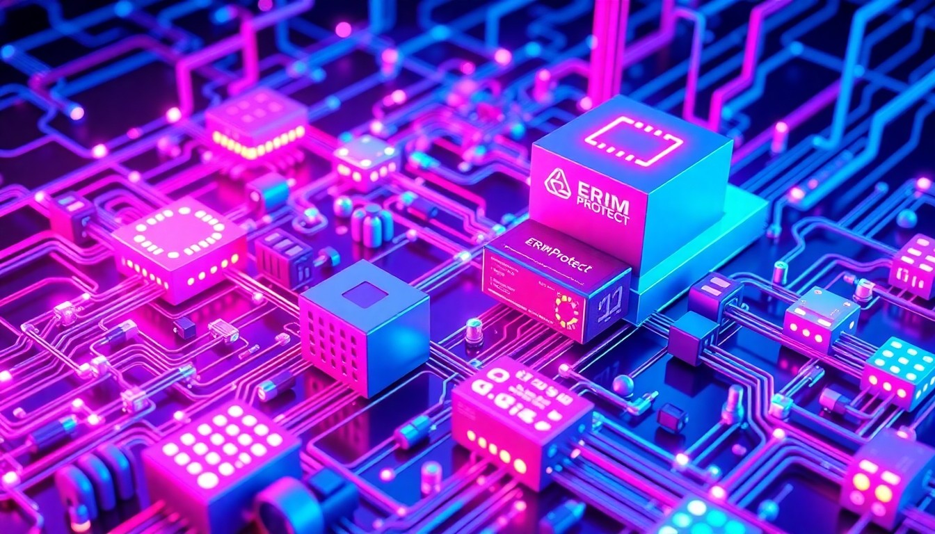 A highly detailed, glowing 3D illustration of a complex network of interconnected cybersecurity hardware and infrastructure elements in shades of neon blue, purple, and magenta, conceptually representing the advanced, enterprise-level nature of ERMProtect's new strategic security offerings.