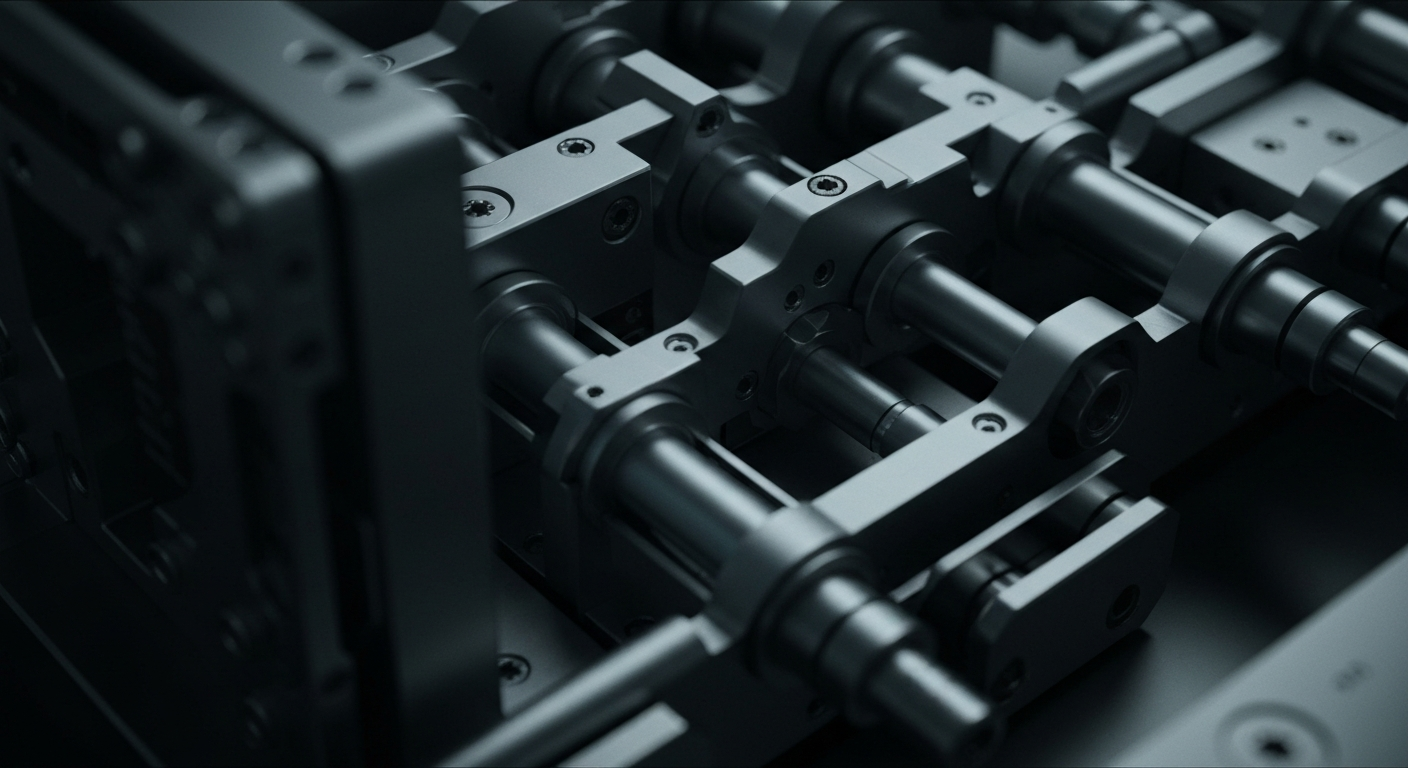 An extreme close-up of intricate, precision-engineered molecular diagnostics equipment, with dramatic shadows and highlights accentuating the complex, powerful nature of the technology.