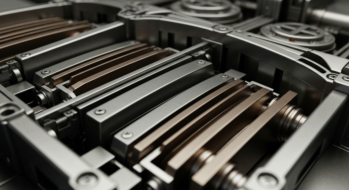 An extreme close-up of the gears, levers, and mechanisms of a large banking machine, rendered in a high-contrast, industrial style that emphasizes the physical, tangible nature of financial infrastructure.
