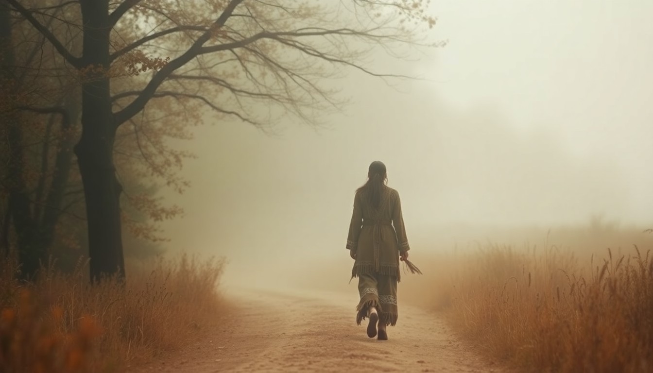 An abstract, out-of-focus photograph in warm, earthy tones depicting a hazy, dreamlike scene of a Native American woman in traditional dress walking along a misty, tree-lined path, conceptually representing the enduring legacy of Princess Angeline.