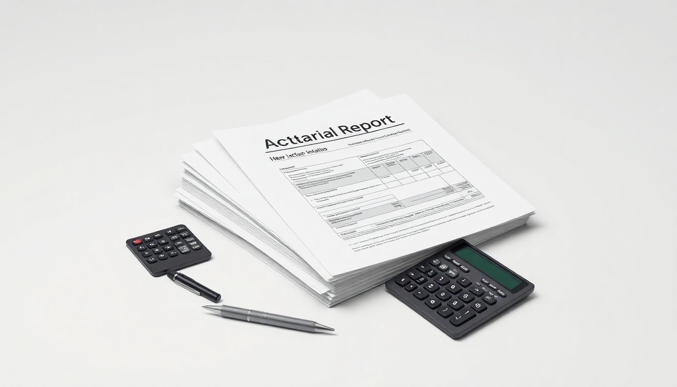 A high-end, photorealistic studio still-life photograph featuring a stack of actuarial reports, a calculator, and a pen on a clean, monochromatic seamless background, symbolizing the analytical, data-driven approach Mendy Friedman brings to employee benefits strategy.