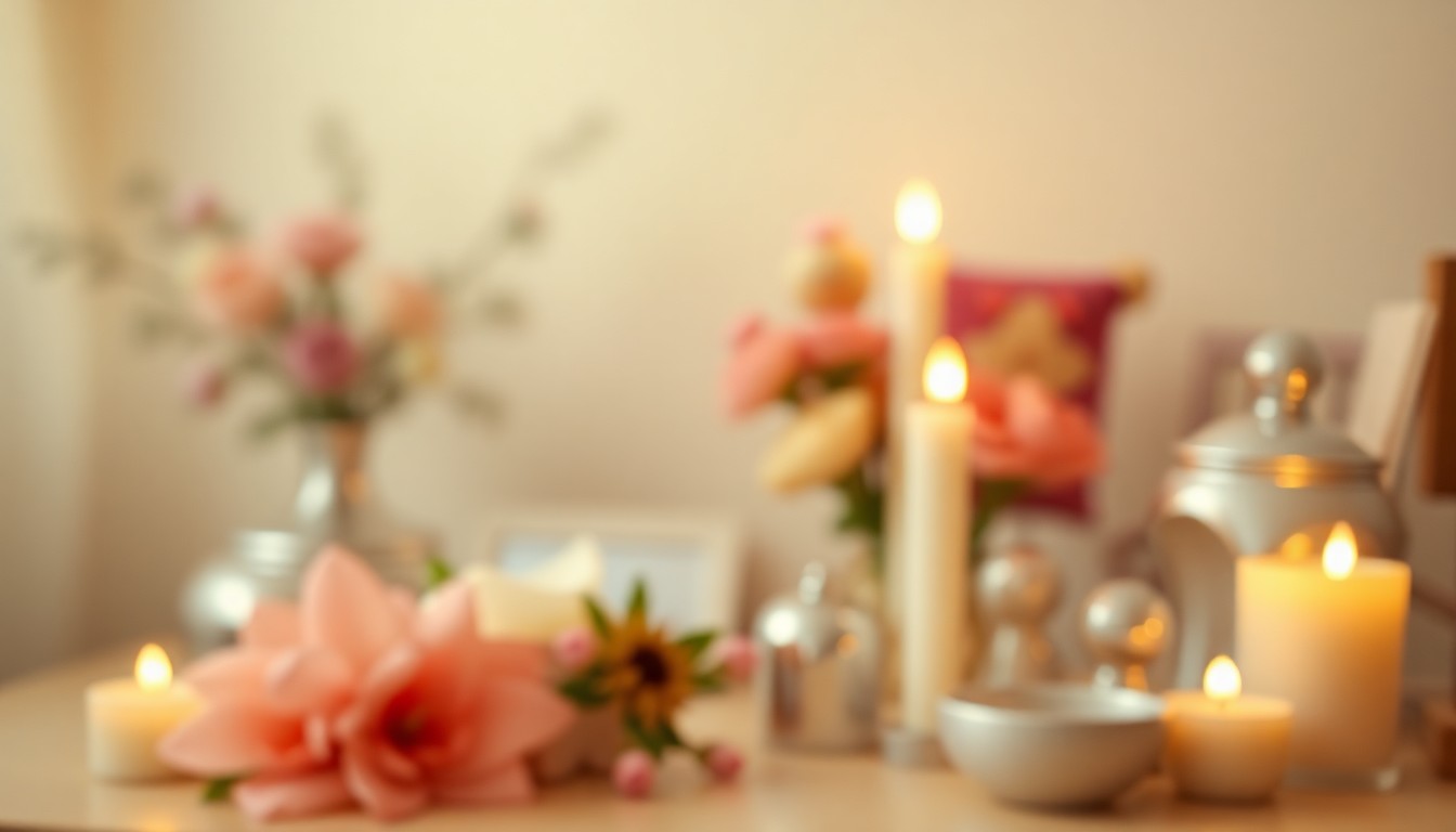 A softly blurred, atmospheric photograph in warm, muted tones depicting a serene, out-of-focus scene of everyday lifestyle objects, such as flowers, candles, or personal mementos, conveying a sense of quiet contemplation and remembrance.