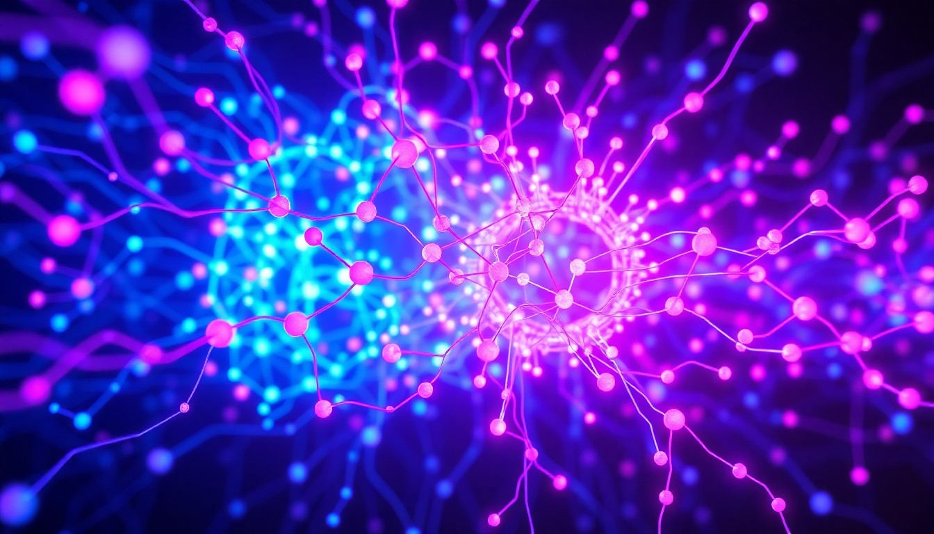 A highly detailed, glowing 3D illustration of a complex neural network structure in shades of neon blue, purple, and pink, with pulsing energy flows and interconnected nodes, conceptually representing the inner workings of the controversial ChatGPT AI system.