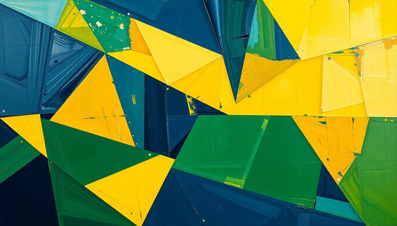 A cubist, geometric painting depicting a fragmented basketball court scene with overlapping planes of navy, green, and gold, conceptually representing the strategic management of player minutes in the playoffs.