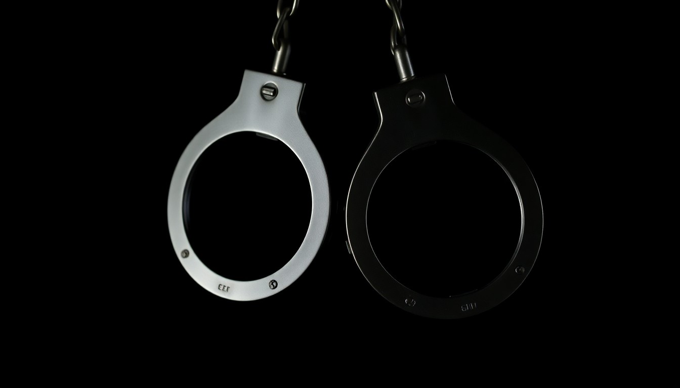 An extreme close-up photograph of a pair of handcuffs against a pitch-black background, the metal gleaming under the harsh, direct flash of the camera, conveying the stark, gritty reality of the crimes committed.