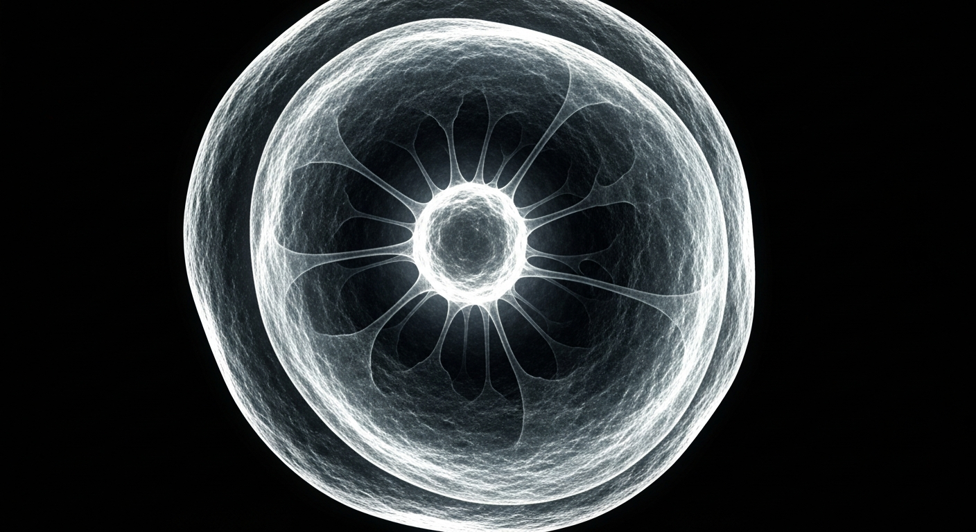 A ghostly, translucent X-ray photograph revealing the intricate internal structure of a human red blood cell, glowing against a dark background, conceptually representing the fragility and complexity of sickle cell disease.