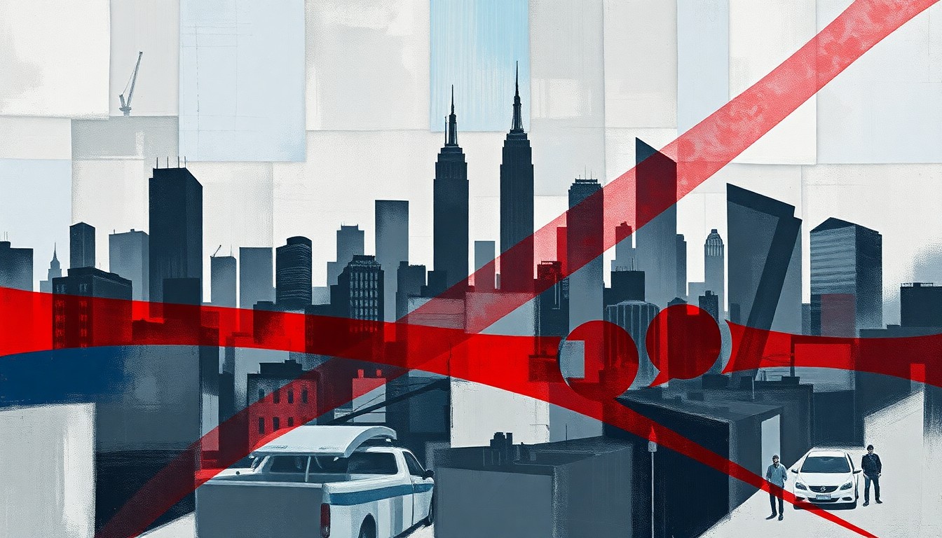 A vibrant, abstract painting featuring overlapping geometric shapes and silhouettes of city buildings in shades of blue, grey, and red, conveying the dynamic and evolving nature of urban politics.