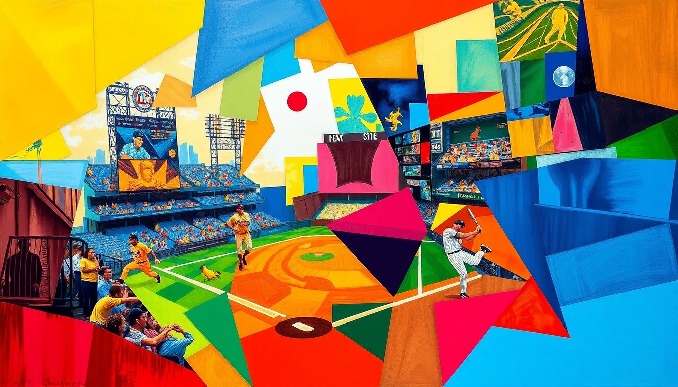 A fractured, multi-perspective painting in vibrant colors representing the raw energy and intensity of a baseball game, with sharp, overlapping geometric planes capturing the drama and excitement of Baylor's 12-inning comeback win.
