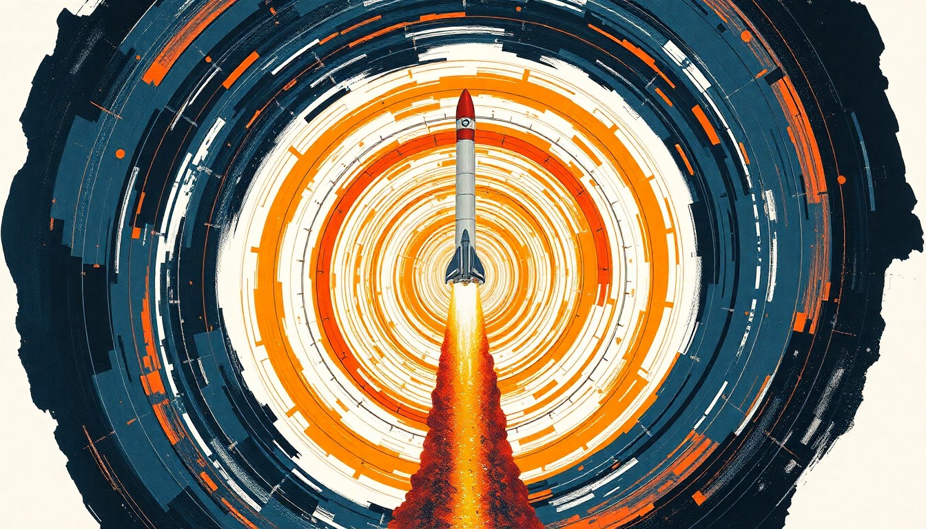A bold, abstract painting in shades of blue, orange, and gray, featuring sweeping geometric arcs, concentric circles, and precise spirals, conceptually representing the powerful forces and intricate engineering of a massive orbital rocket launch.