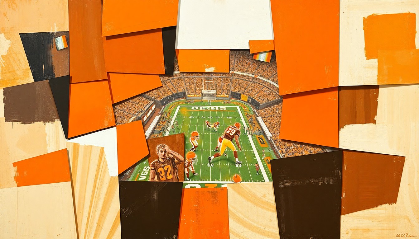 A cubist, geometric painting depicting a fragmented, multi-angled view of a football field or draft room, conveying the complex decision-making process of an NFL team's front office.