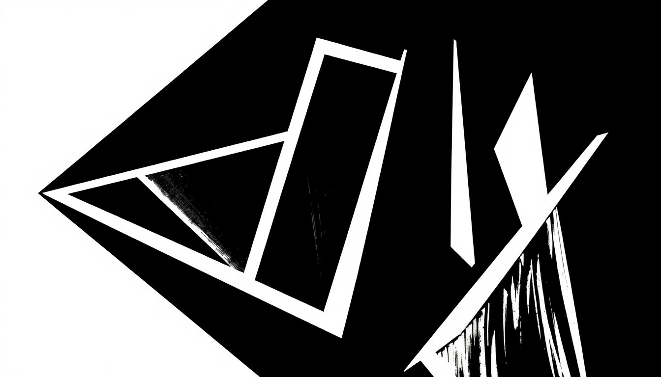 A striking black and white illustration featuring bold, angular shapes and forms, conceptually representing the variety of arts and entertainment options available in Eugene.