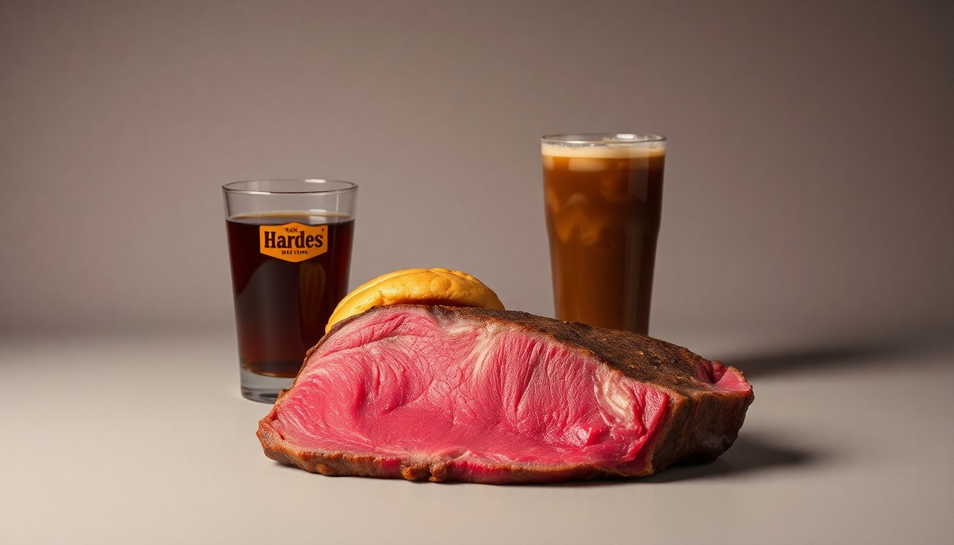 A high-end, photorealistic studio still-life photograph featuring a prime rib steak, a golden-brown biscuit, and a glass of iced coffee on a clean, monochromatic background, conceptually representing the premium quality and craftsmanship of Hardee's new Prime Rib menu items.