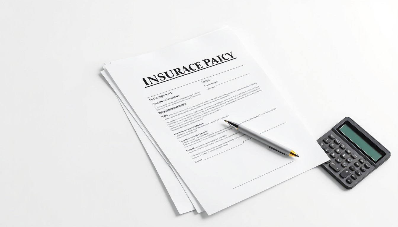 A minimalist studio still life photograph featuring a stack of insurance documents, a pen, and a calculator arranged on a clean, monochromatic background, conceptually representing the insurance industry's transition towards data-driven decision making and operational efficiency.