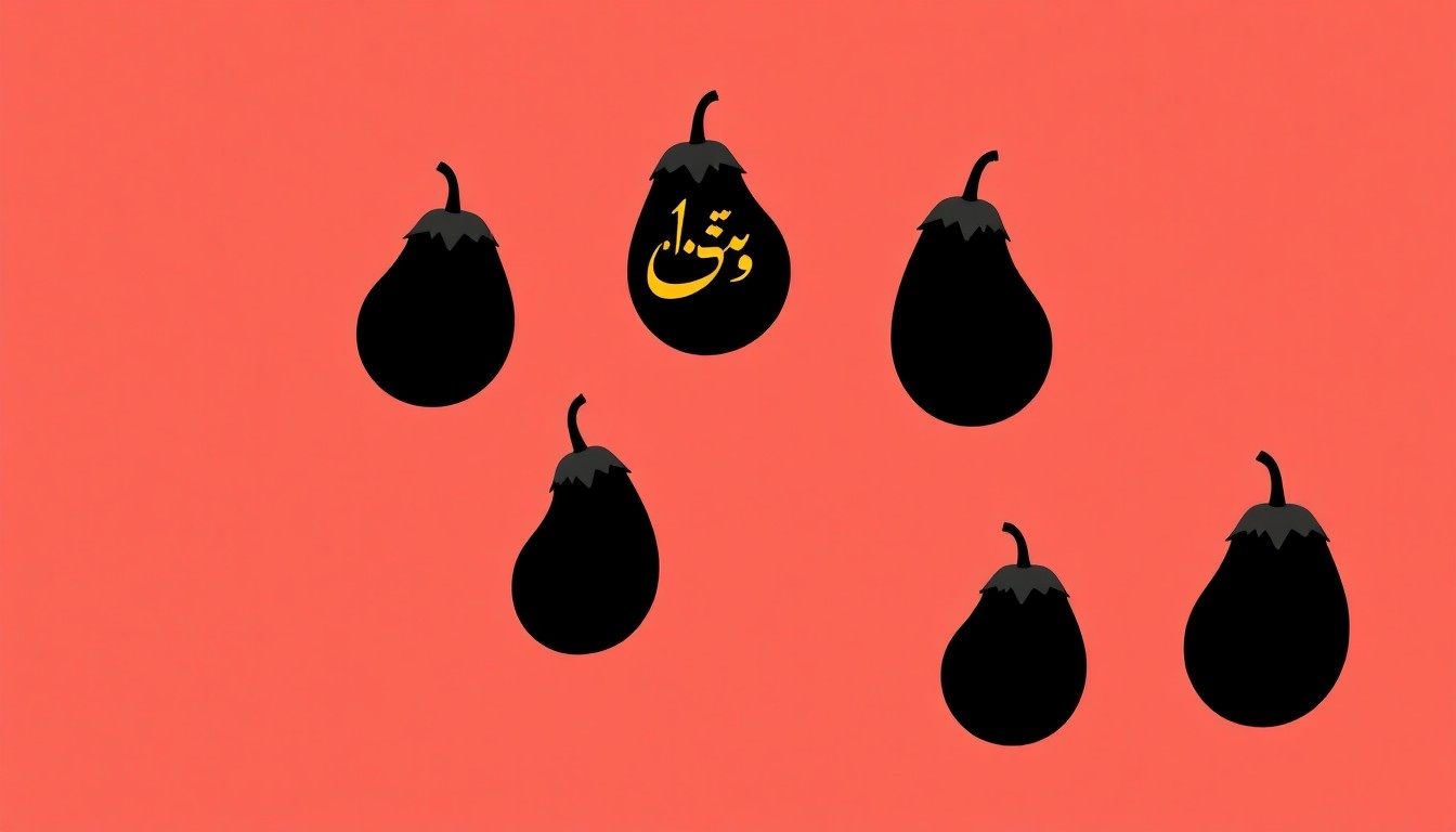 A minimalist, graphic illustration featuring bold black silhouettes of ceramic eggplants on a high-contrast red and white background, with a single gold Persian script character floating above, conceptually representing the politically-charged ceramic installation by Iranian artists responding to international conflicts.