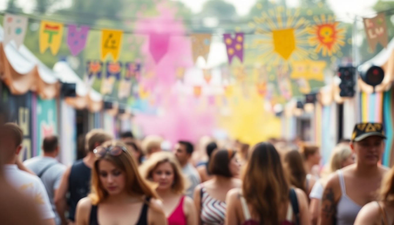 An abstract, impressionistic photograph depicting the blurred, colorful atmosphere of an art festival, with indistinct figures and shapes representing the energy and excitement of the event.
