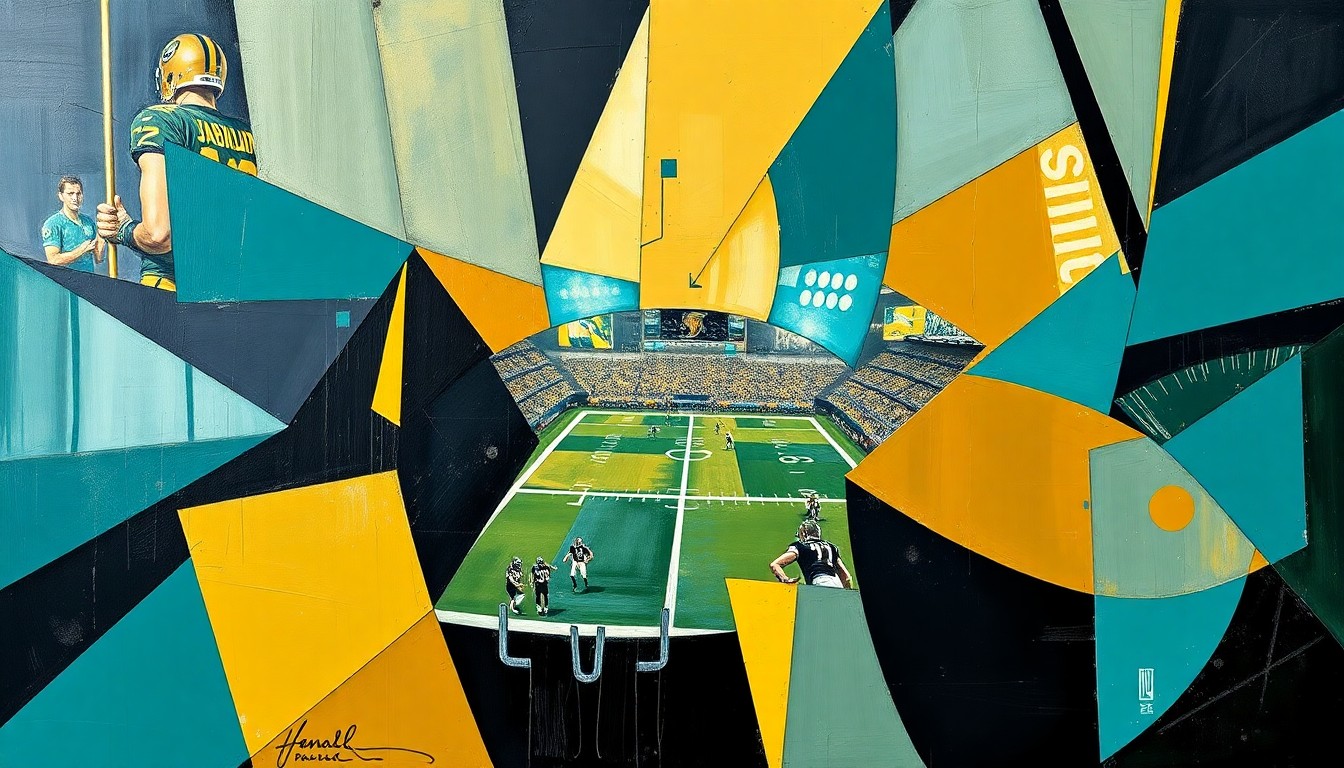 A cubist, geometric painting depicting a Jaguars football game, with sharp, overlapping planes of teal, gold, and black representing the action on the field.