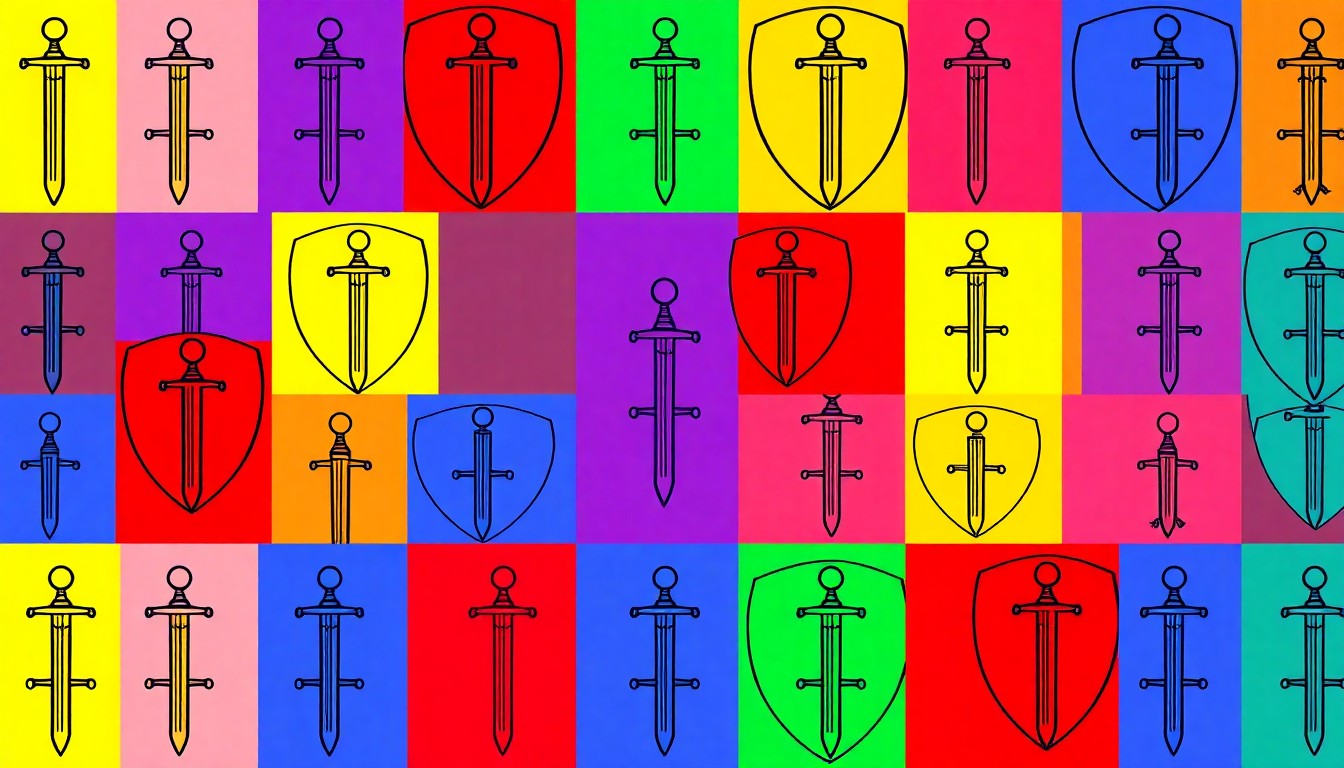 A high-contrast silkscreen print of a medieval knight's helmet repeated in a grid pattern, rendered in bright neon colors and heavy black outlines to create a vibrant, abstract pop art composition.