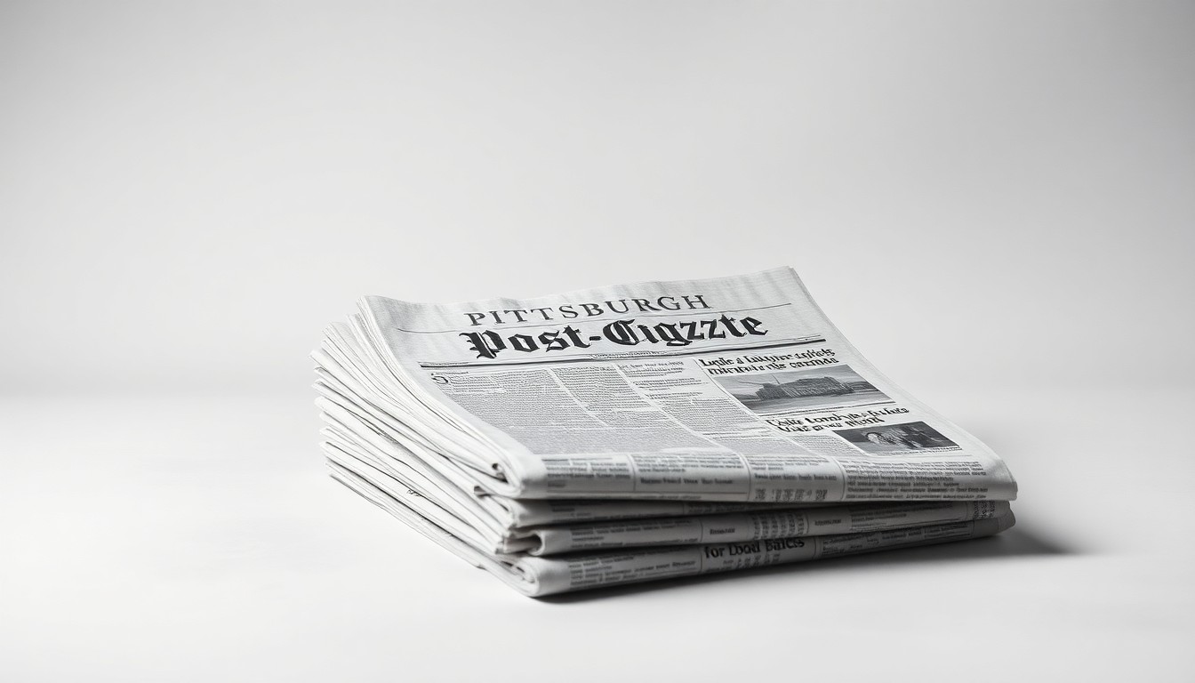 A high-end, photorealistic studio still-life photograph featuring a stack of old, weathered newspapers with the Pittsburgh Post-Gazette masthead visible, arranged elegantly on a clean, monochromatic background and using dramatic lighting to conceptually represent the enduring value of community news sources.