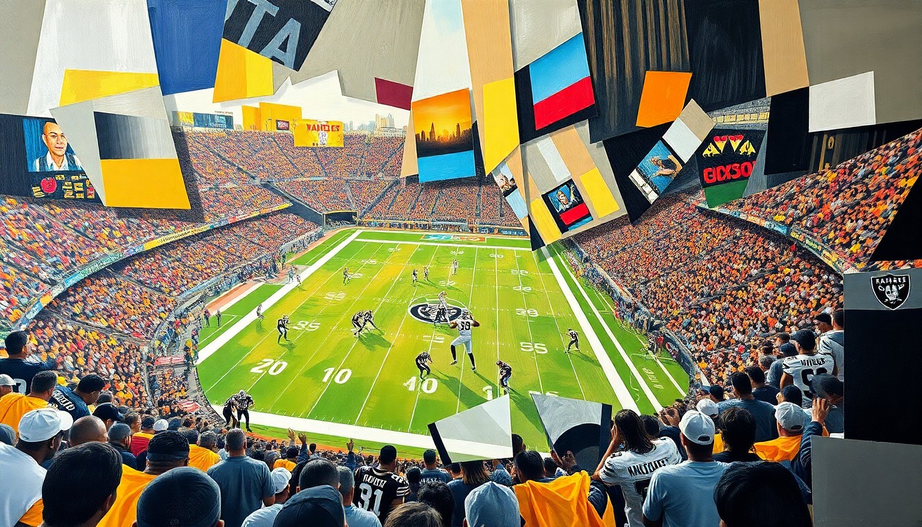 A cubist, geometric painting depicting a football game in progress, with the players and field broken down into sharp, overlapping planes of color and shape, creating a sense of dynamic motion and uncertainty.