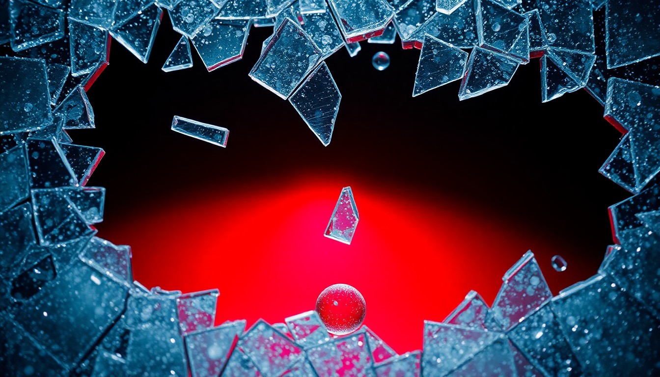An extreme close-up photograph of shattered glass and glittering shards, reflecting a faint red light, conceptually representing the unsettling mystery at the heart of the sci-fi thriller.