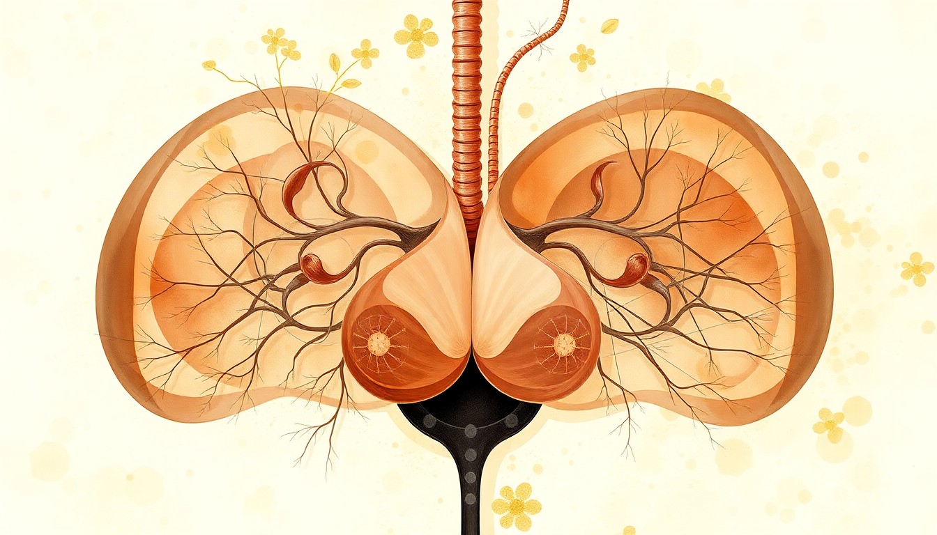 A highly structured abstract painting in soft earth tones, featuring sweeping geometric arcs, concentric circles, and precise botanical spirals, conceptually representing the complex biological forces and structures of the adult thymus gland.