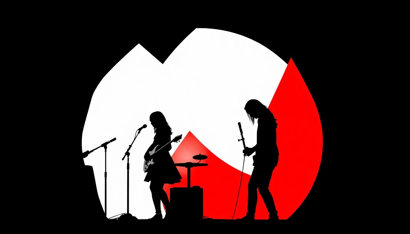An abstract, minimalist illustration featuring bold, jagged shapes in red, white, and black, conceptually representing the folk-rock music and supportive band dynamic of Essie and The Hum.