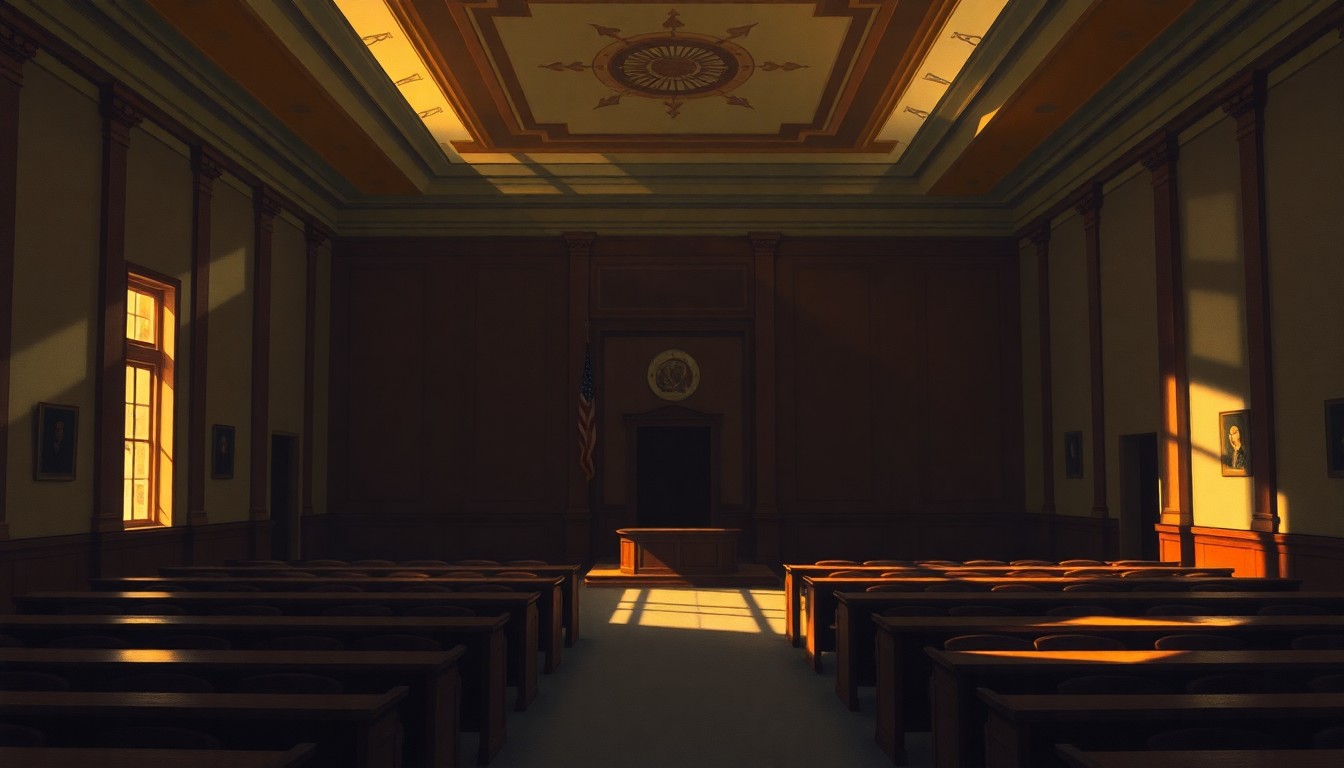 A dimly lit, cinematic painting of an empty city council chamber, with warm sunlight streaming in through tall windows and casting deep shadows across the room, conceptually representing the city's deliberations over energy policy.