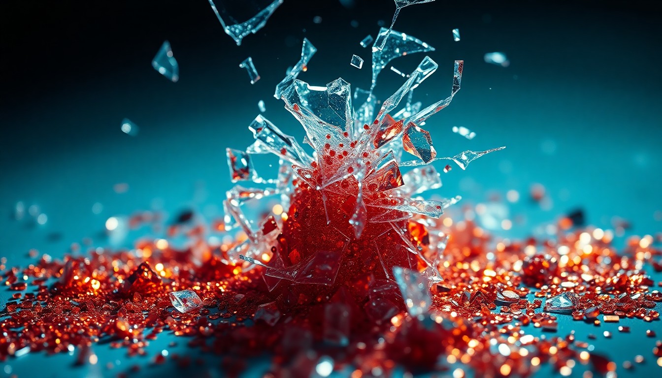 An abstract close-up image featuring shattered glass and glittering sequins, conveying the glamour and danger of a toxic relationship at the heart of the psychological thriller '56 Days'.