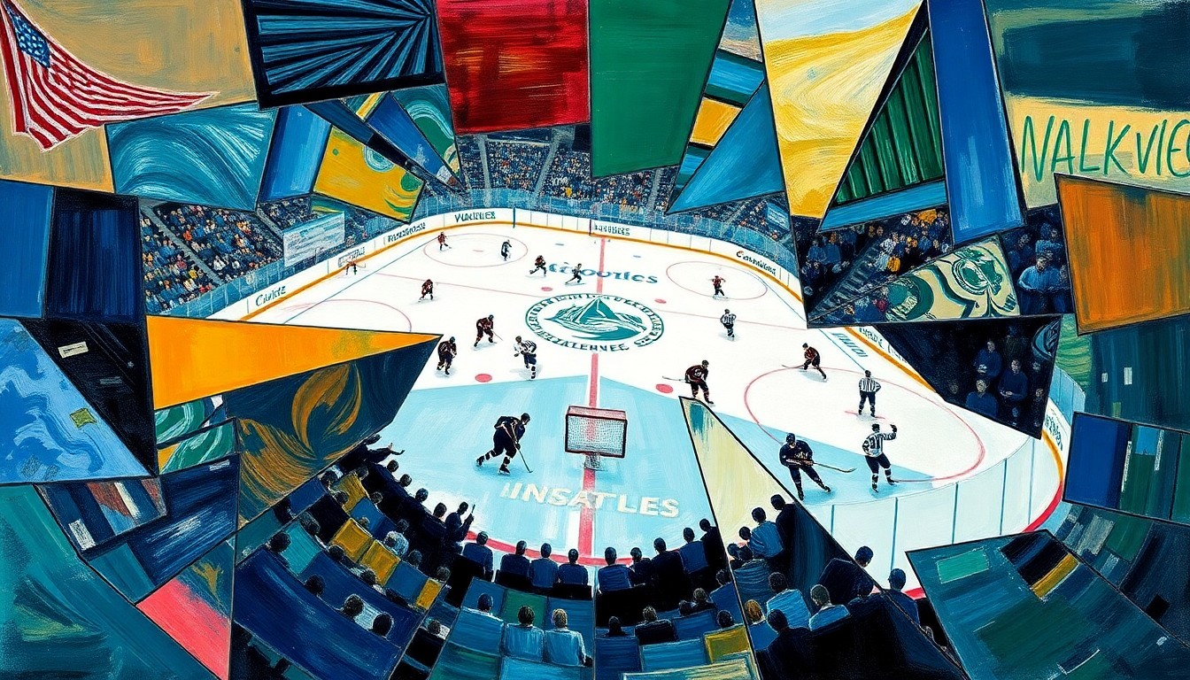 A cubist, geometric painting depicting a hockey game, with players and the puck fragmented into sharp, overlapping shapes and planes of color, conveying the competitive energy and high stakes of the match between the two expansion teams.