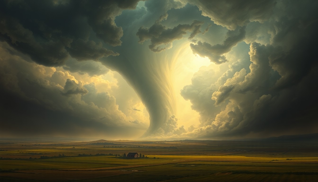 A vast, atmospheric landscape painting in muted tones of gray, blue, and green, depicting a tornado-ravaged countryside under a dramatic, turbulent sky. The scene uses deep perspective and dramatic lighting to convey the overwhelming, sublime scale of the natural disaster, with any physical structures or objects dwarfed by the powerful weather event.