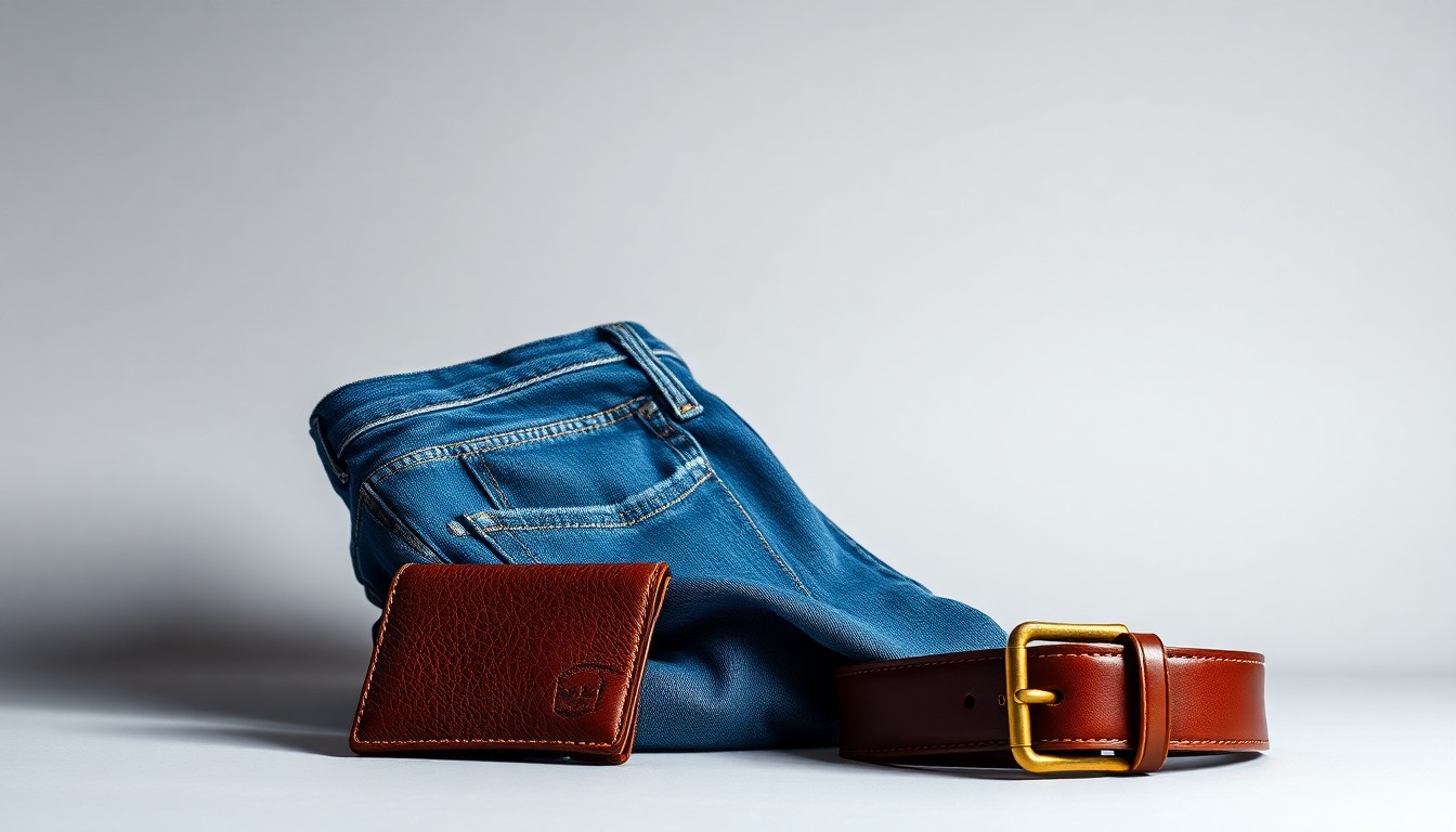 A high-end, photorealistic studio still-life photograph featuring a premium pair of Levi's jeans, a leather wallet, and a vintage brass belt buckle arranged elegantly on a clean, monochromatic seamless background, conceptually representing the timeless quality and craftsmanship of Levi's products.