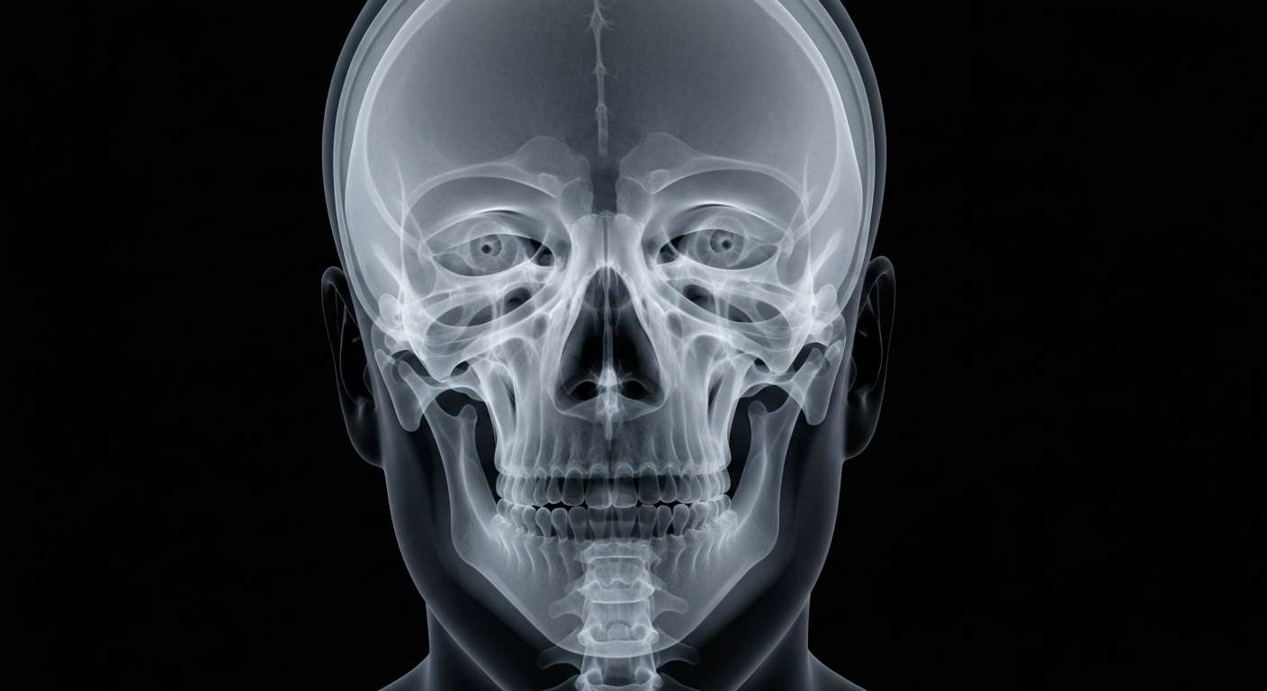 A translucent, ghostly X-ray photograph of a human face, with the intricate details of the skull and facial features glowing against a dark background, conceptually representing the hidden struggles and fragility of physical appearance.