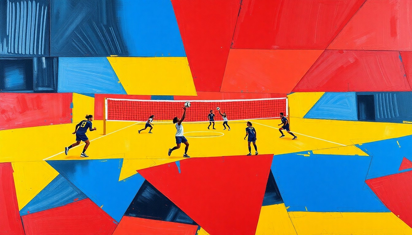 A fragmented, geometric painting in bold colors depicting a volleyball game in motion, with sharp planes and angles representing the team's flexibility and growth mindset.
