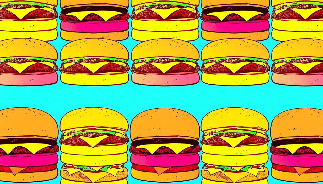 A vibrant, high-contrast silkscreen illustration depicting a grid of stylized gourmet hamburgers in neon colors, capturing the celebratory and indulgent spirit of the Orange Bowl Food & Wine event.