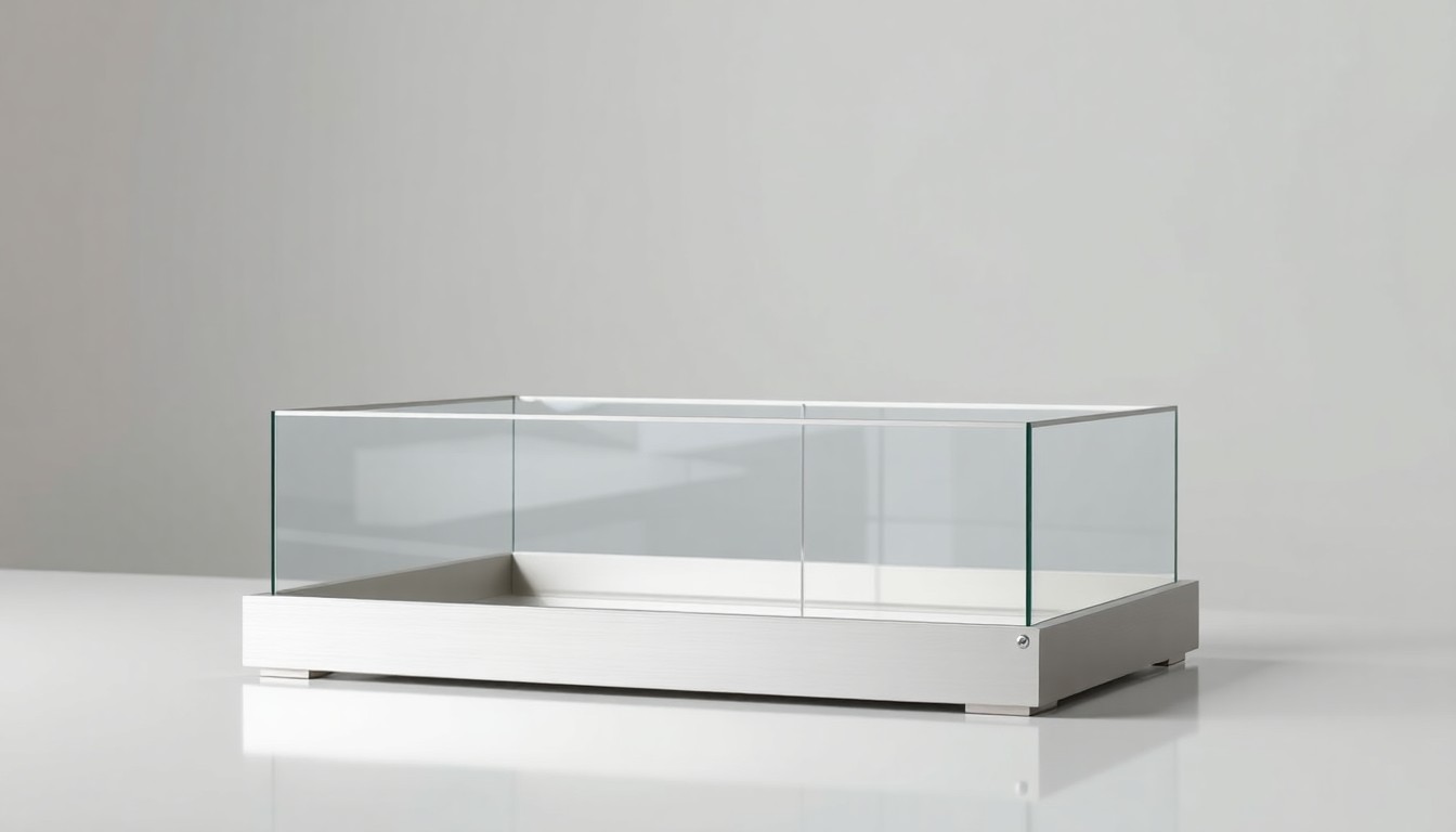 A high-end, photorealistic studio still-life photograph featuring a polished, geometric desk organizer made of brushed metal and glass, symbolizing the precision, elegance, and strategic thinking that defines Kayla Hutchens' approach to administrative leadership.