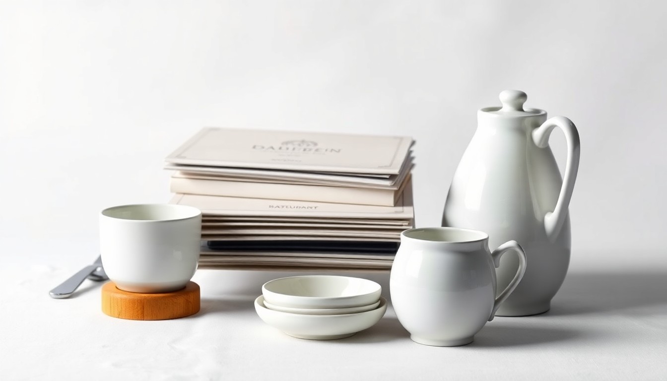 A high-end, photorealistic studio still-life photograph featuring a stack of modern restaurant menus and tableware arranged elegantly on a crisp white background, conveying the transition from one Darden restaurant brand to another.